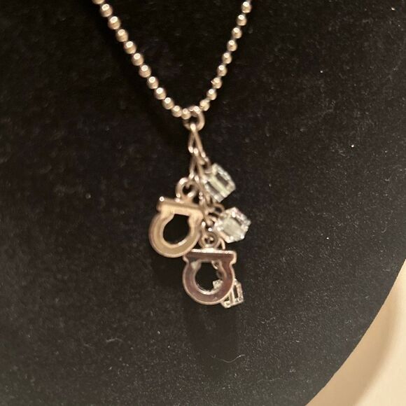 Ferragamo Silver Tone Double Gancini Charm Necklace 16" Ball Chain Luxury Logo - Picture 5 of 9